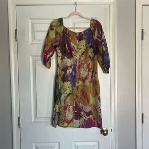 Oleg Cassini Vintage Sheath Dress Size 2 Multicolor Sheer Sleeves